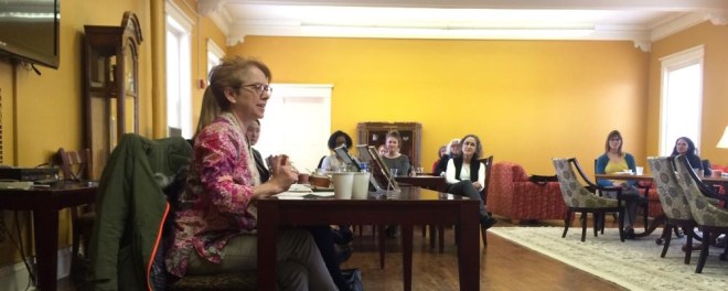 Novelist Susan Koefod '81 speaking to students and faculty in Derham Hall. Photo by Michelle Mullowney.